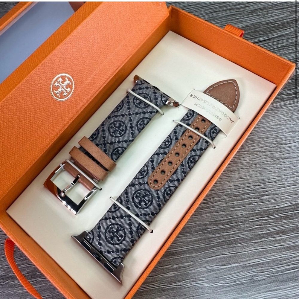 TORY BURCH Blue Fabric & Luggage Leather Band For Apple Watch® 38mm/40mm NEW